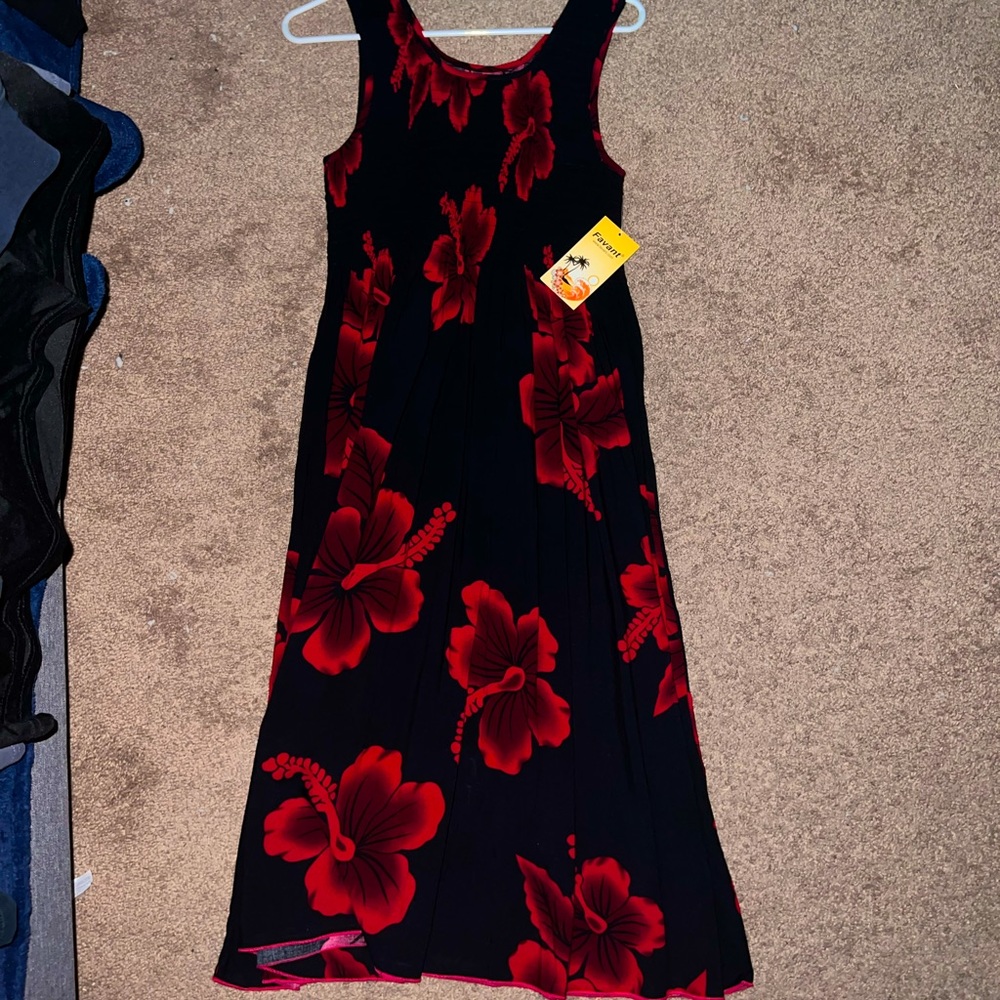 red & black hibiscus flower dress